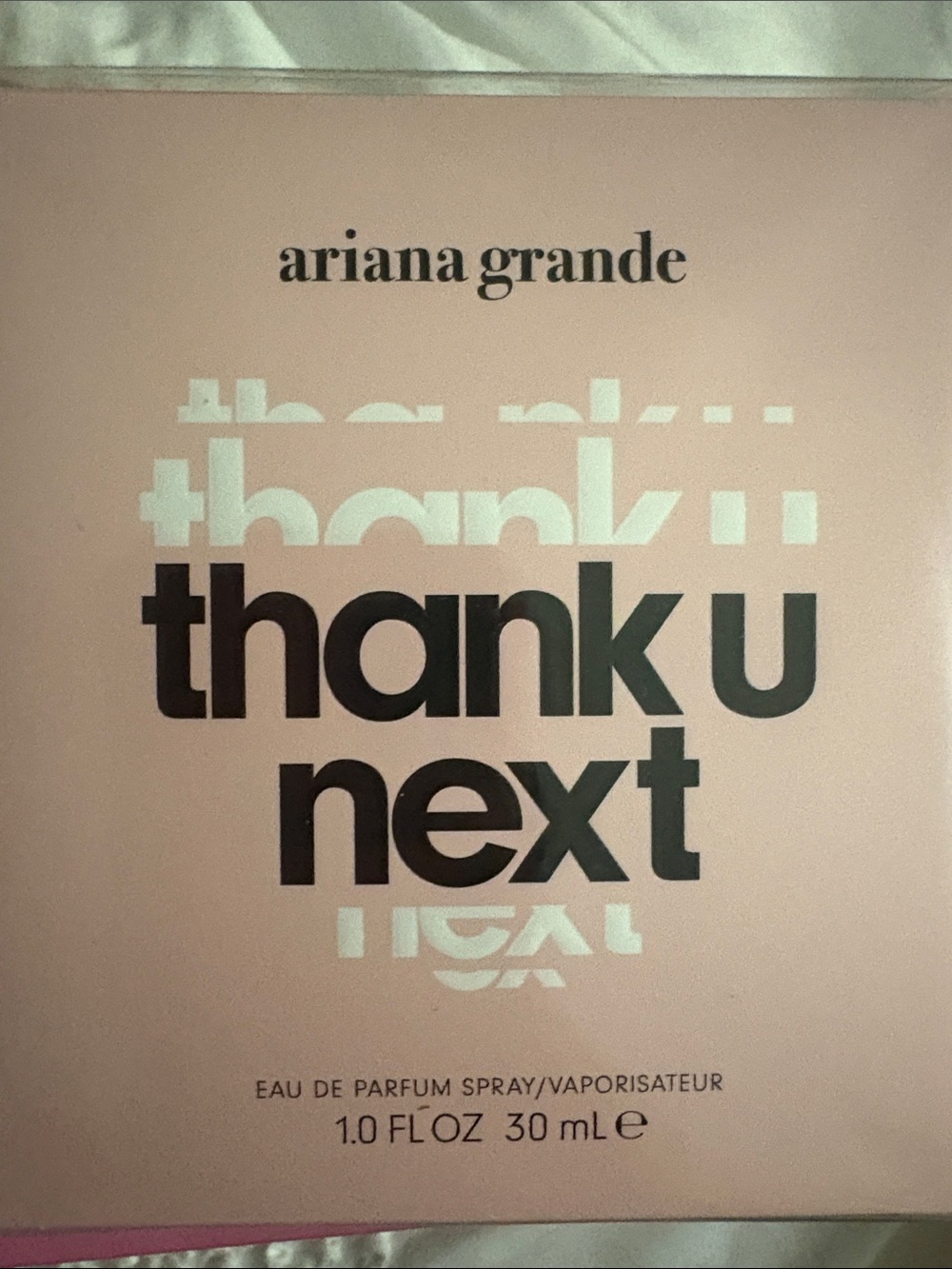 Ariana Grande Thank U Next Box in Soft Pink with Black Typography